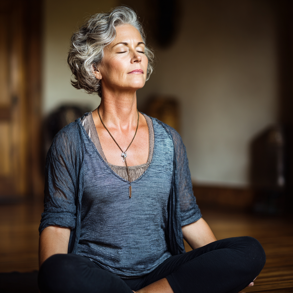 mature woman practicing gentle yoga meditation in peaceful studio setting