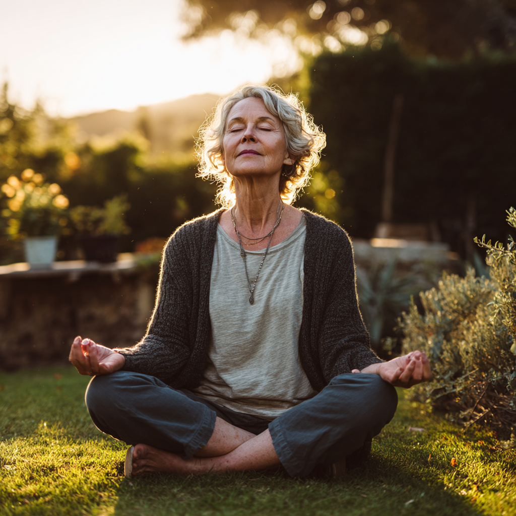 peaceful elderly woman in comfortable yoga pose outdoors surrounded by nature